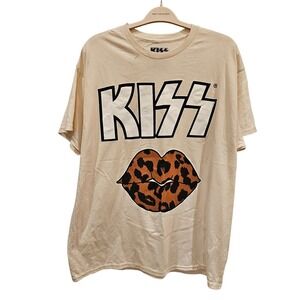 KISS Band Logo Leopard Lips Graphic T Shirt XL Large Beige Cotton Rock Music